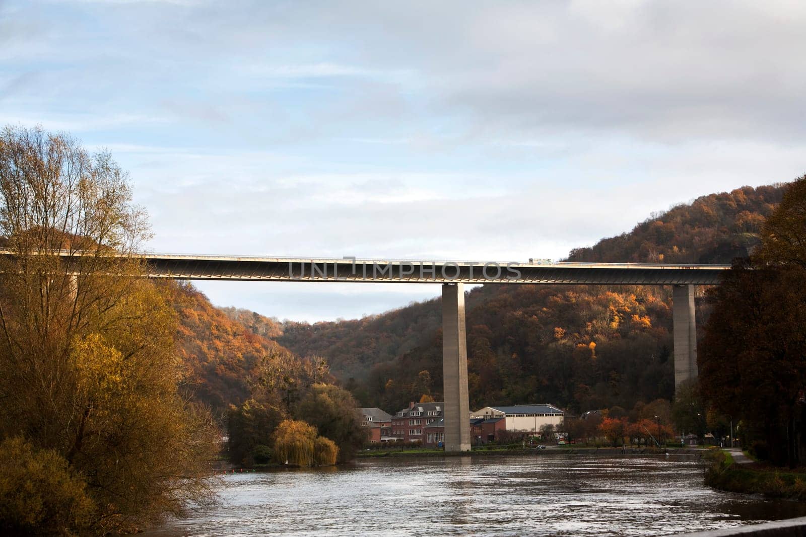 Highway is crossing the river Meuse near Dinant in Belgium