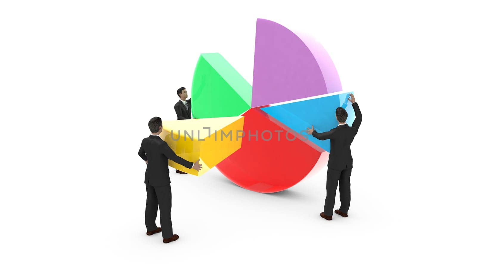 Business men are assembling a pie chart. Everyone contributes to the development of graphic data.