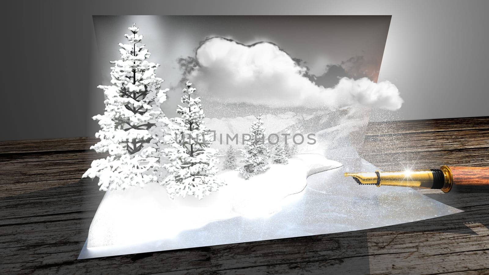 Wish card. Snowy mountains and trees coming out of the postcard seem real.