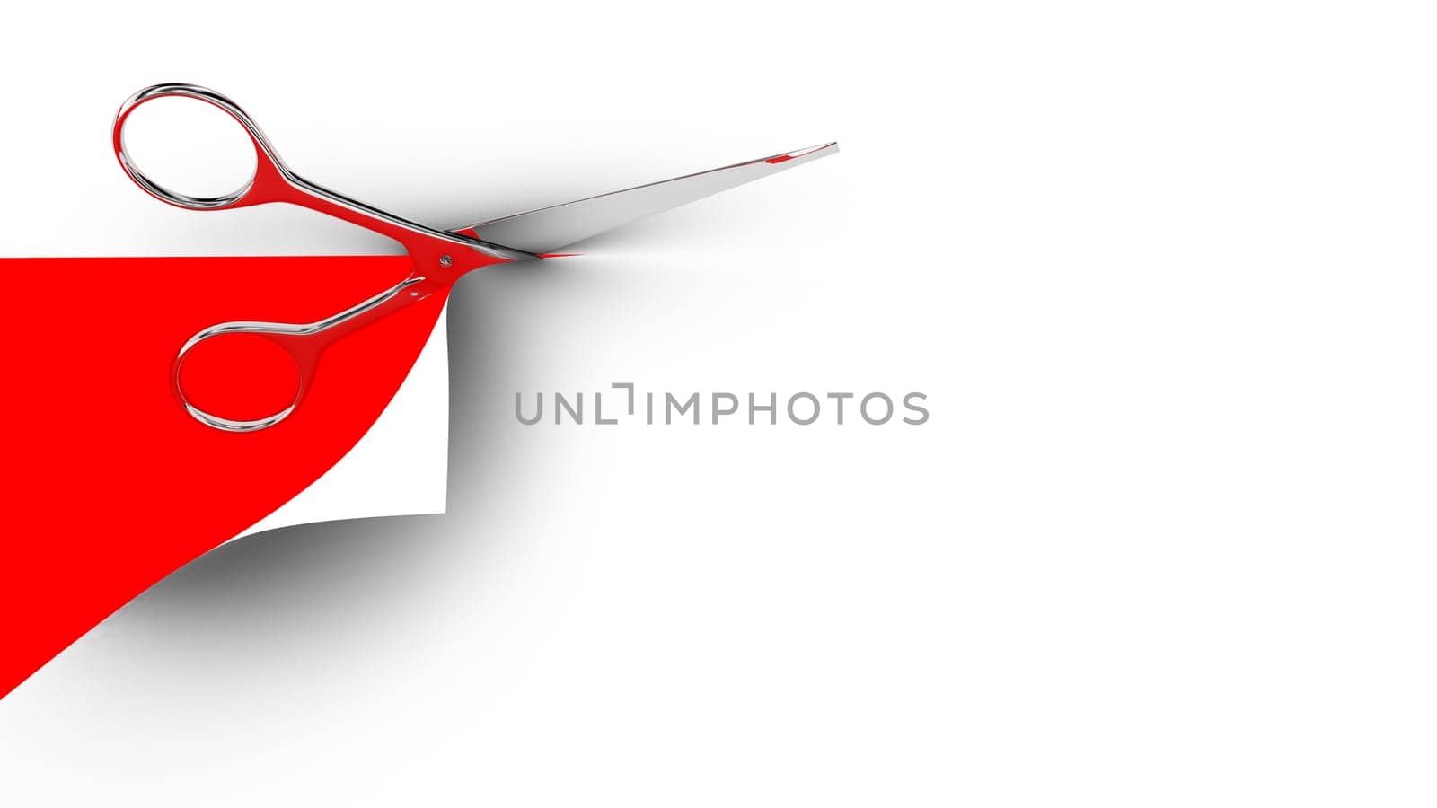 Scissors cutting a paper sheet in two parts. Red background. 3d render.