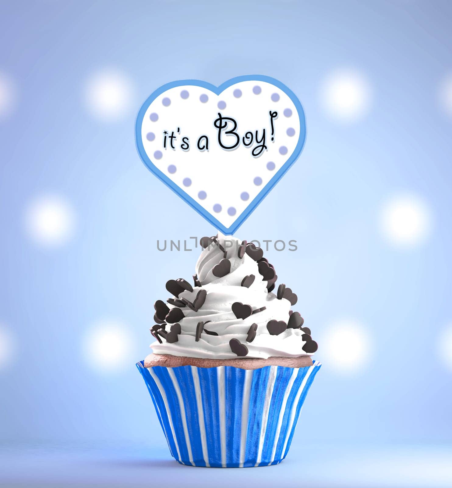 Newborn Baby Boy card message on a delicious cupcake with chocolate hearts
