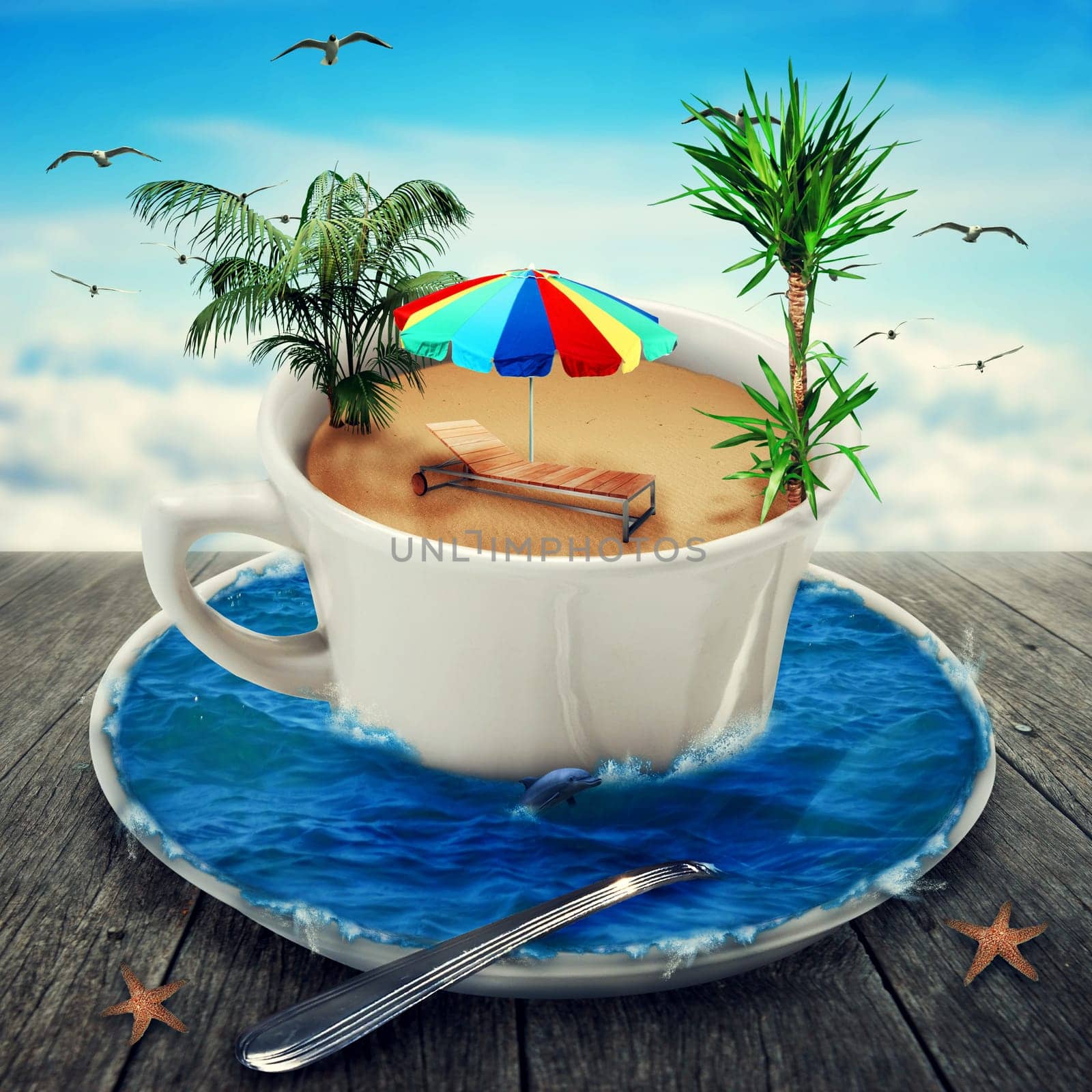 Illustration of a magic cup filled with water and sand. A beach near the sea. Have a break to dream of vacation. Fantasy world, imaginary view.