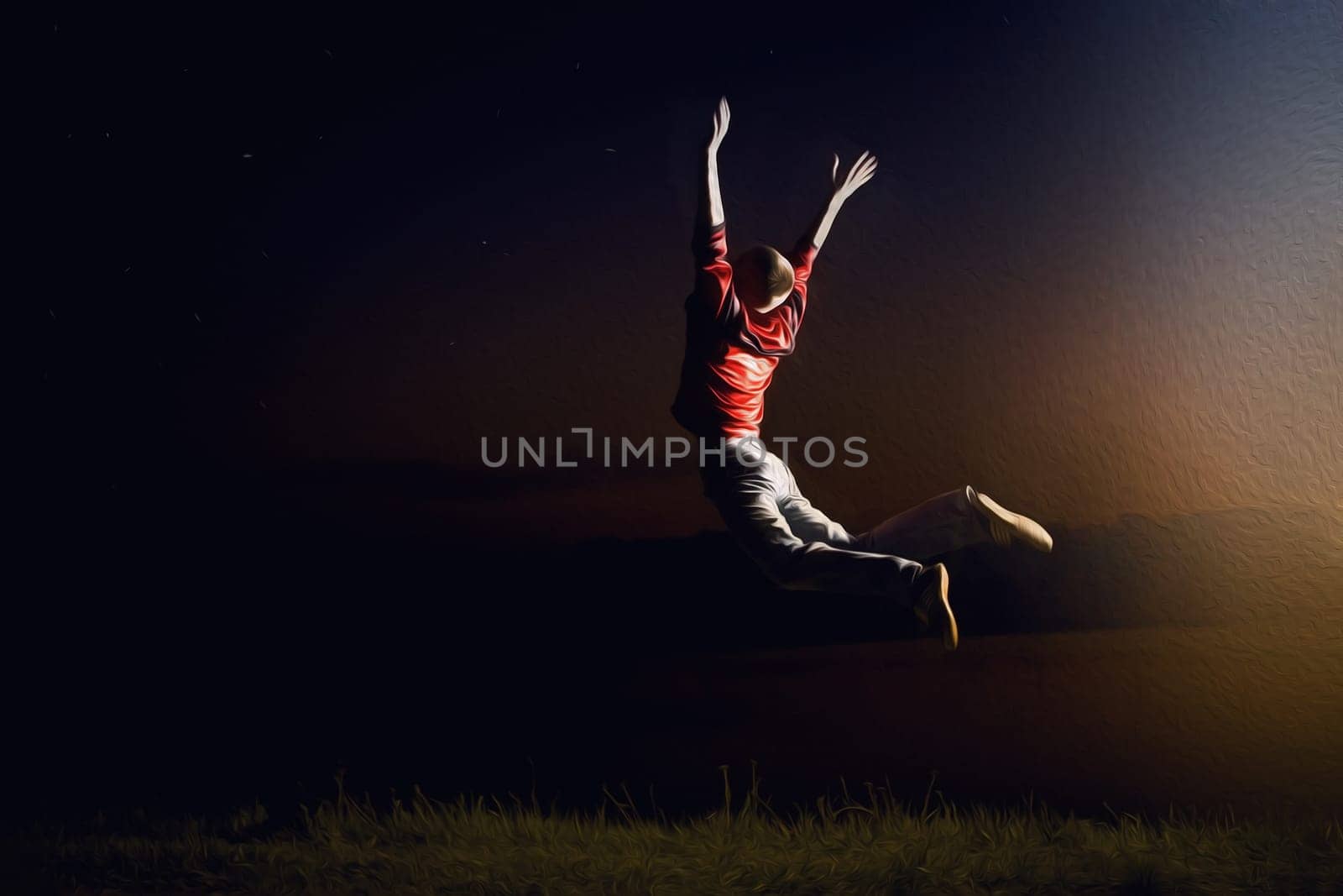 Happy boy, teenager jumping on a night sky background. Outdoor exciting summer vacation, travel life, leisure. Lifestyle freedom concept. Dreamland