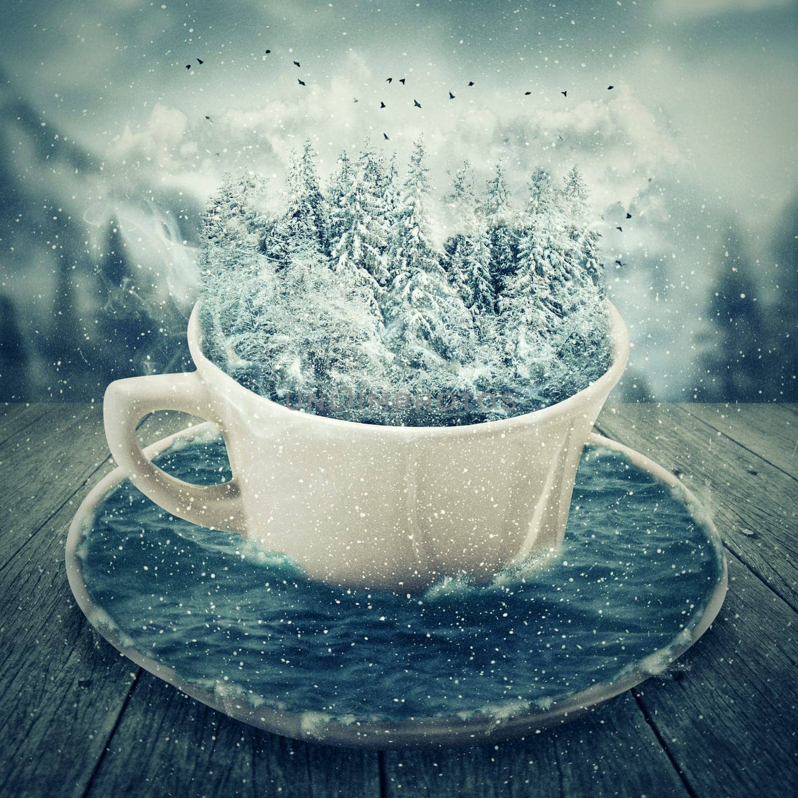 Illustration of a magic cup in a cold winter day. A winter forest in mounts. Have a break to dream of vacation. Fantasy world, imaginary view.