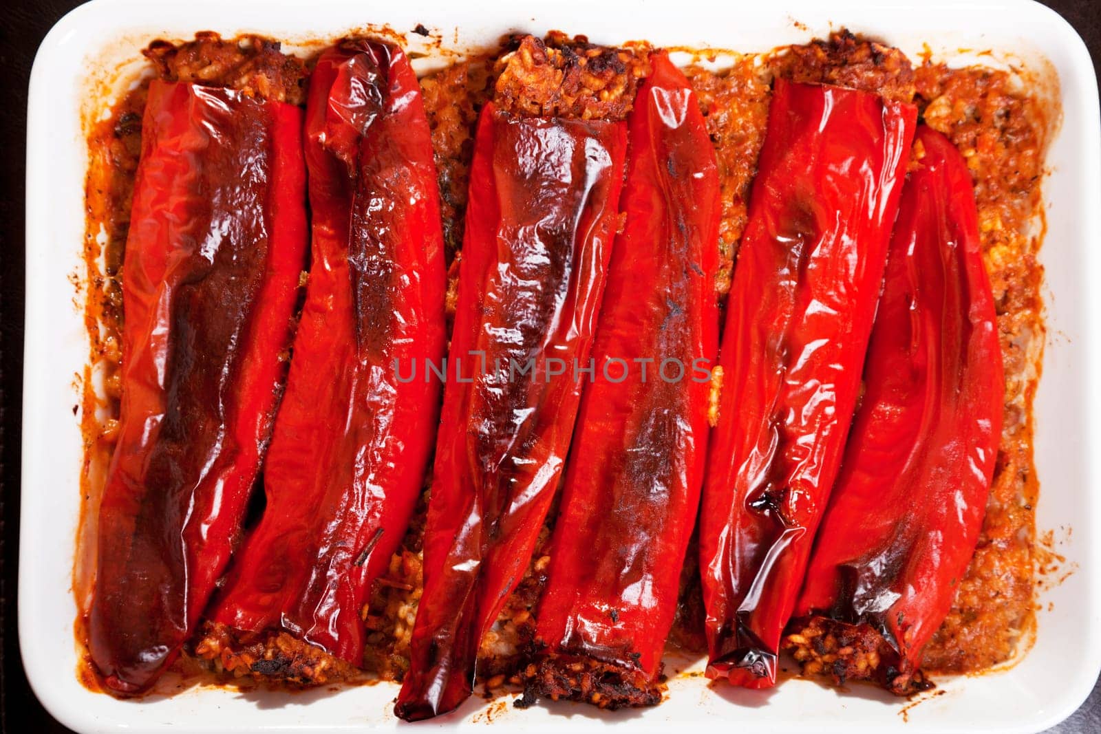 Traditional bulgarian main course - stuffed peppers with rice and chopped meat