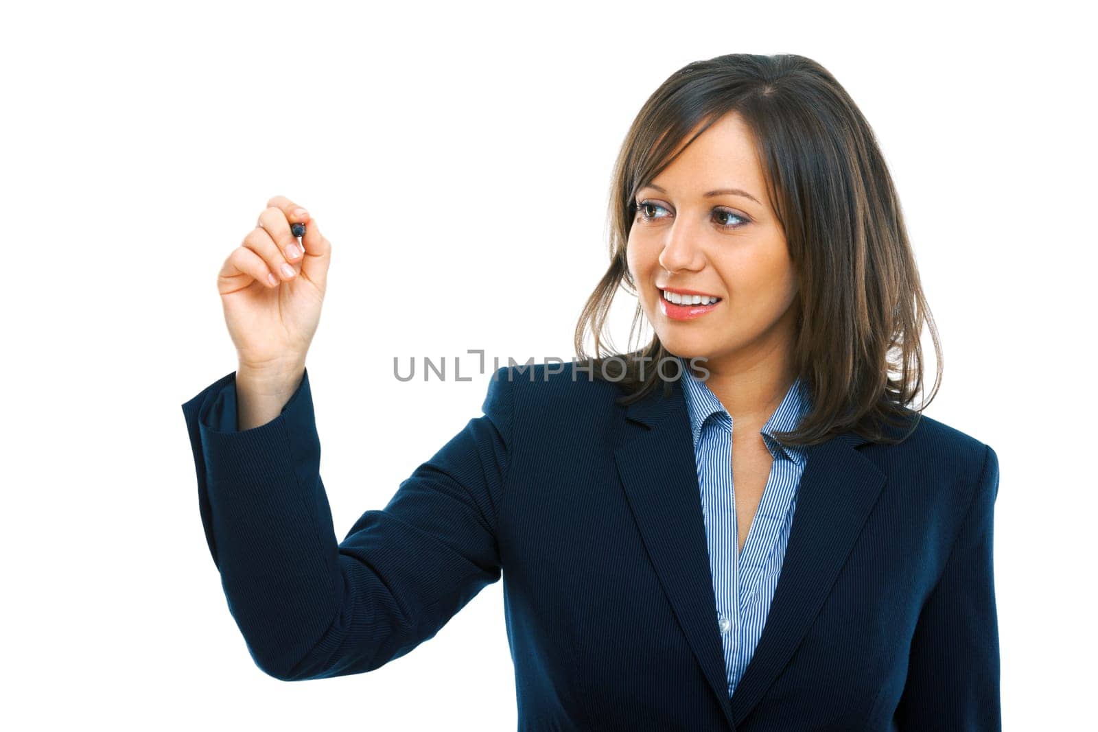 Businesswoman pointing with a finger isolated on white background