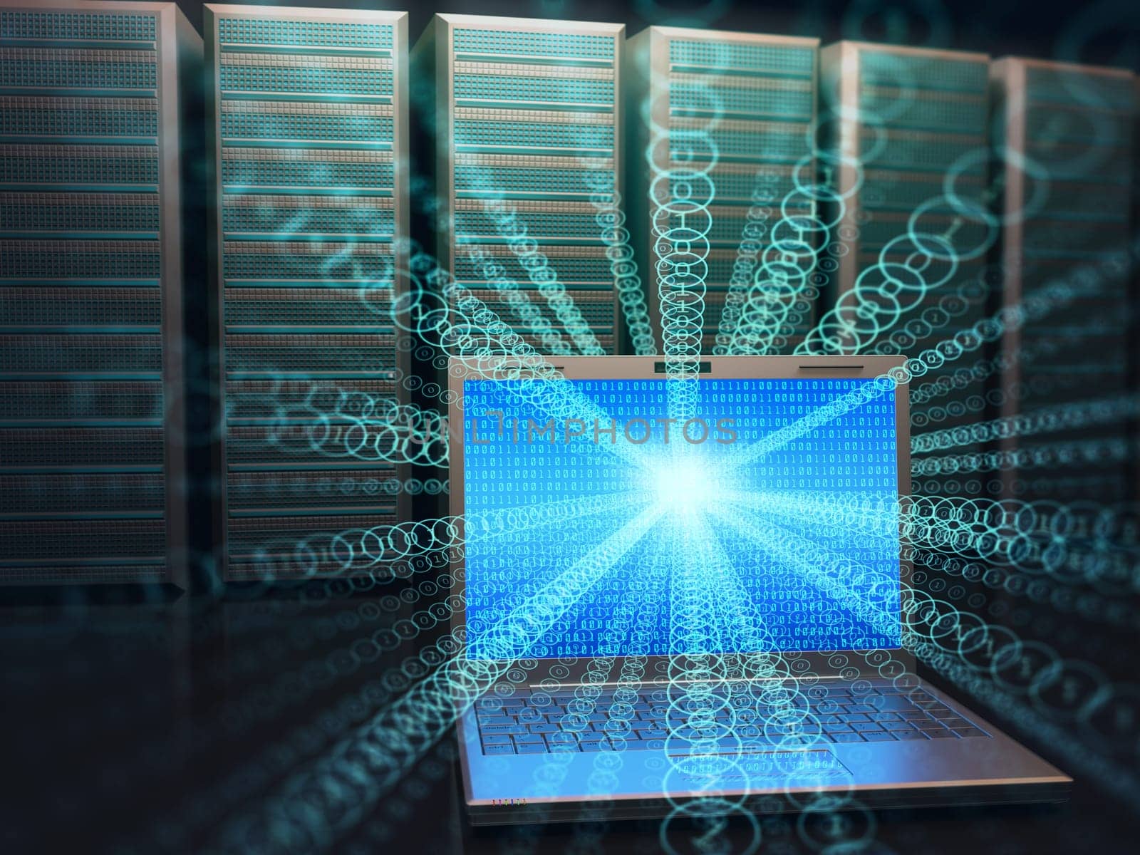 Image concept of technology and science of digital information. One laptop in front of multiple servers with binary numbers on screen.