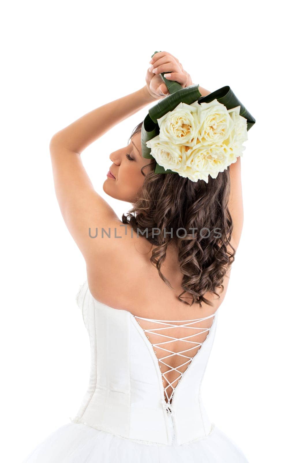 Young bride with wedding bouquet isolated on white background