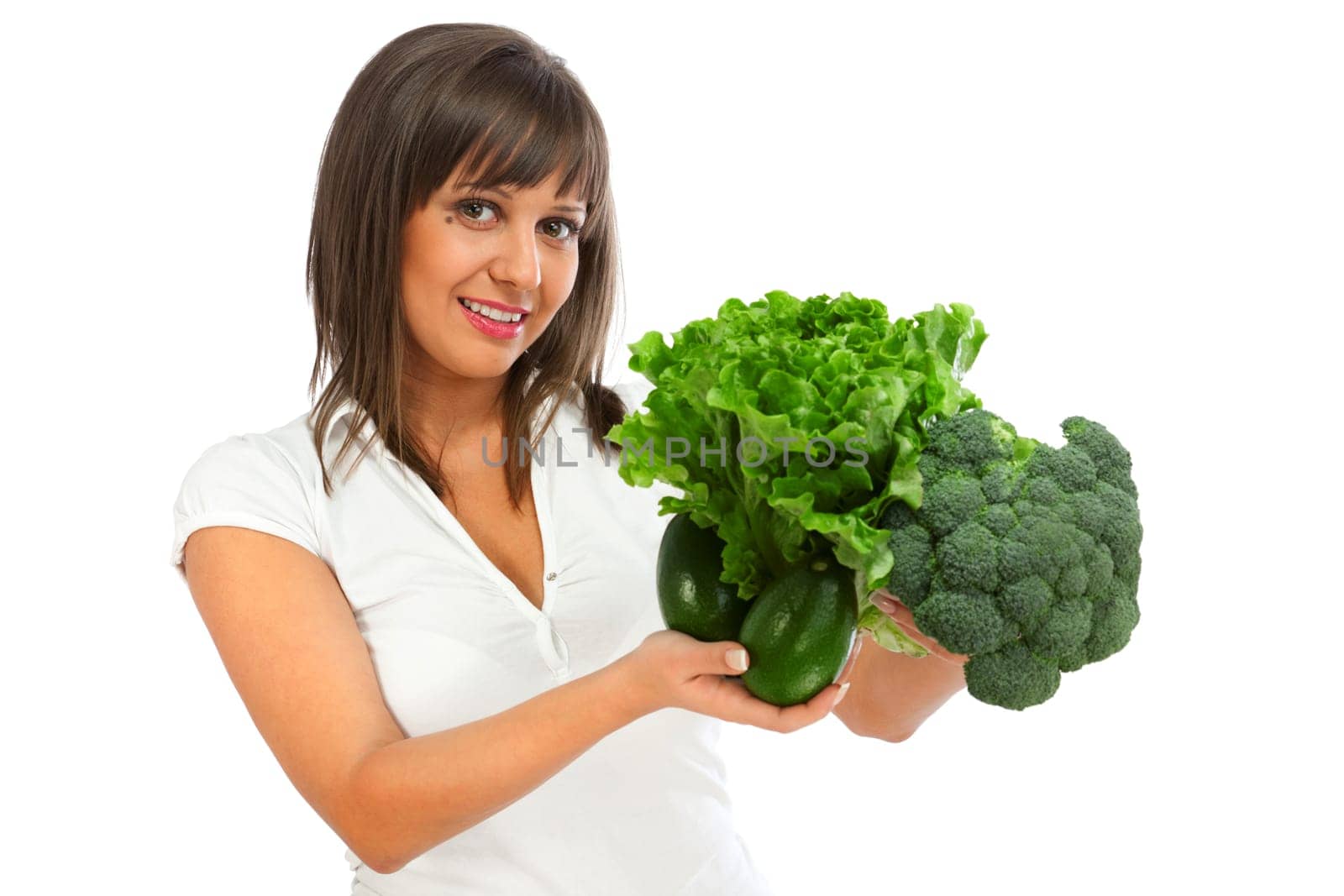 Young woman eating broccoli isolated on white