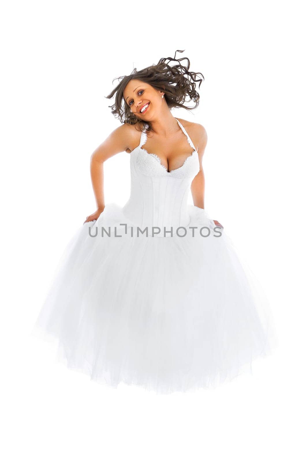 Young bride with jumping barefoot isolated on white background