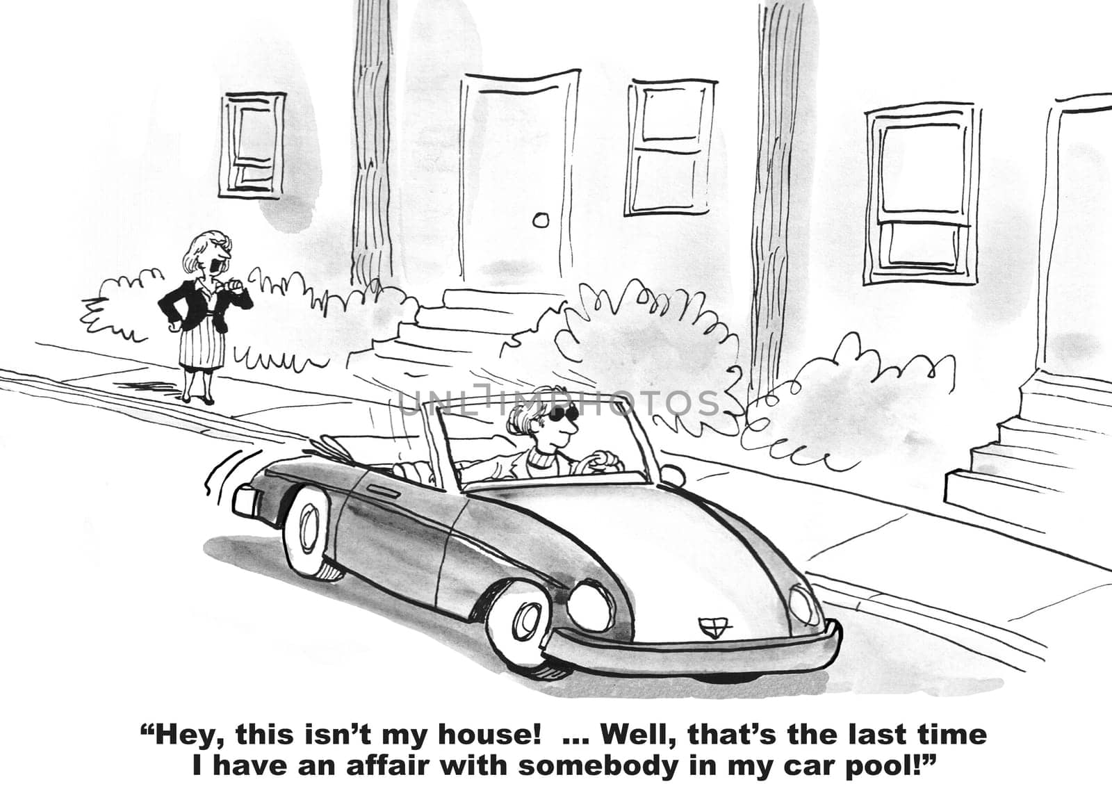 Cartoon of a jilted businesswoman who had an affair with a businessman in her car pool.