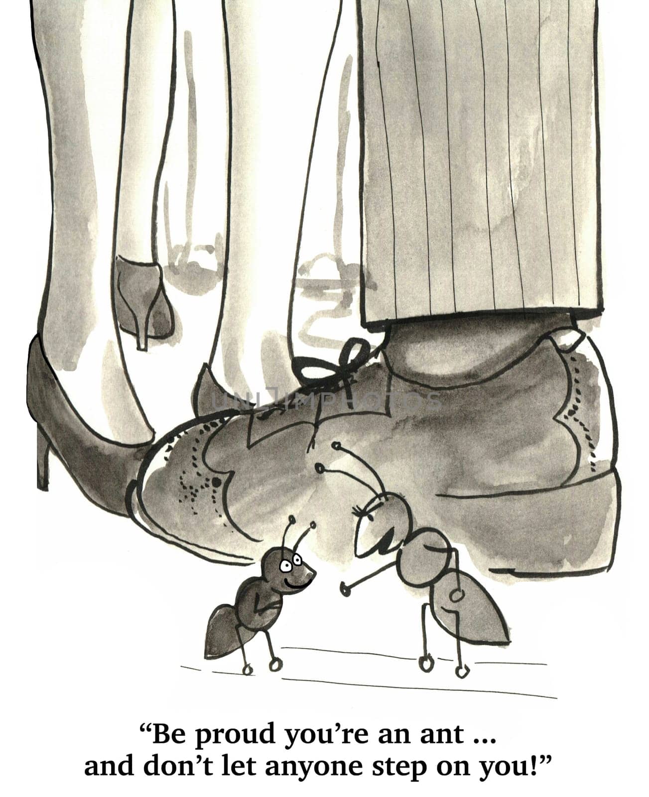 Cartoon of parent ant giving a pep talk to the child ant.