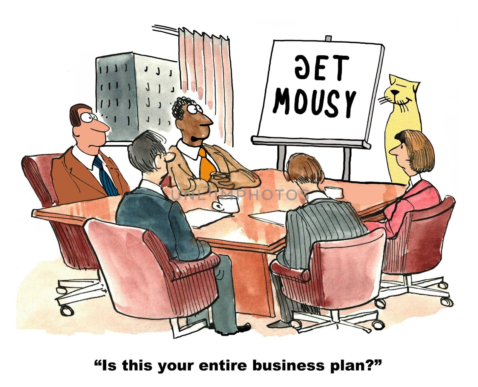 Business cartoon about planning.  The business cat is presenting his two word plan to senior management.