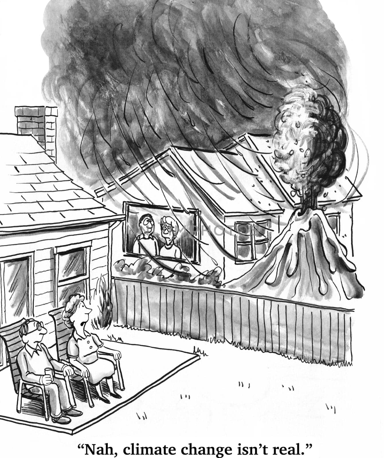 Climate change cartoon.  There is suddenly a volcano in their neighbor's backyard