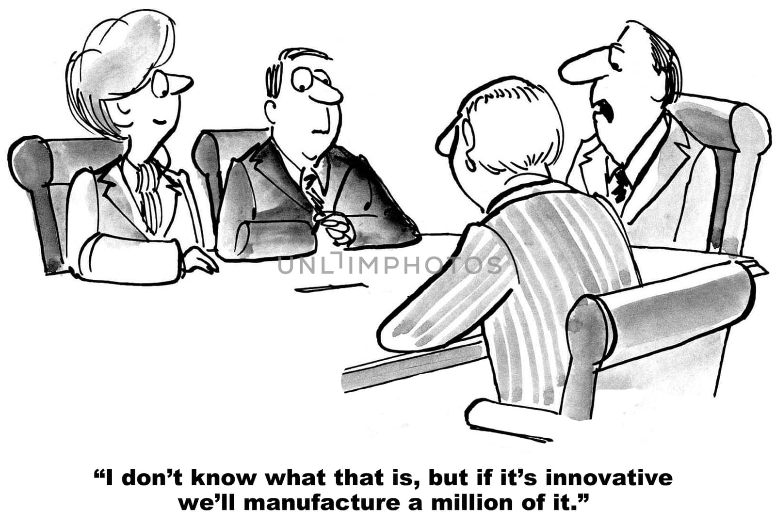 Business cartoon about innovation.  The business boss says the company will manufacture one million of the new, innovative product