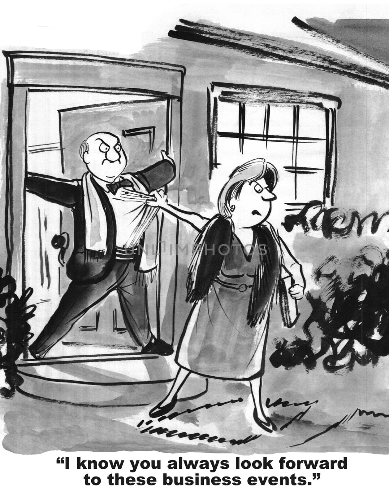 Cartoon of businessman who does not want to attend the fancy party.