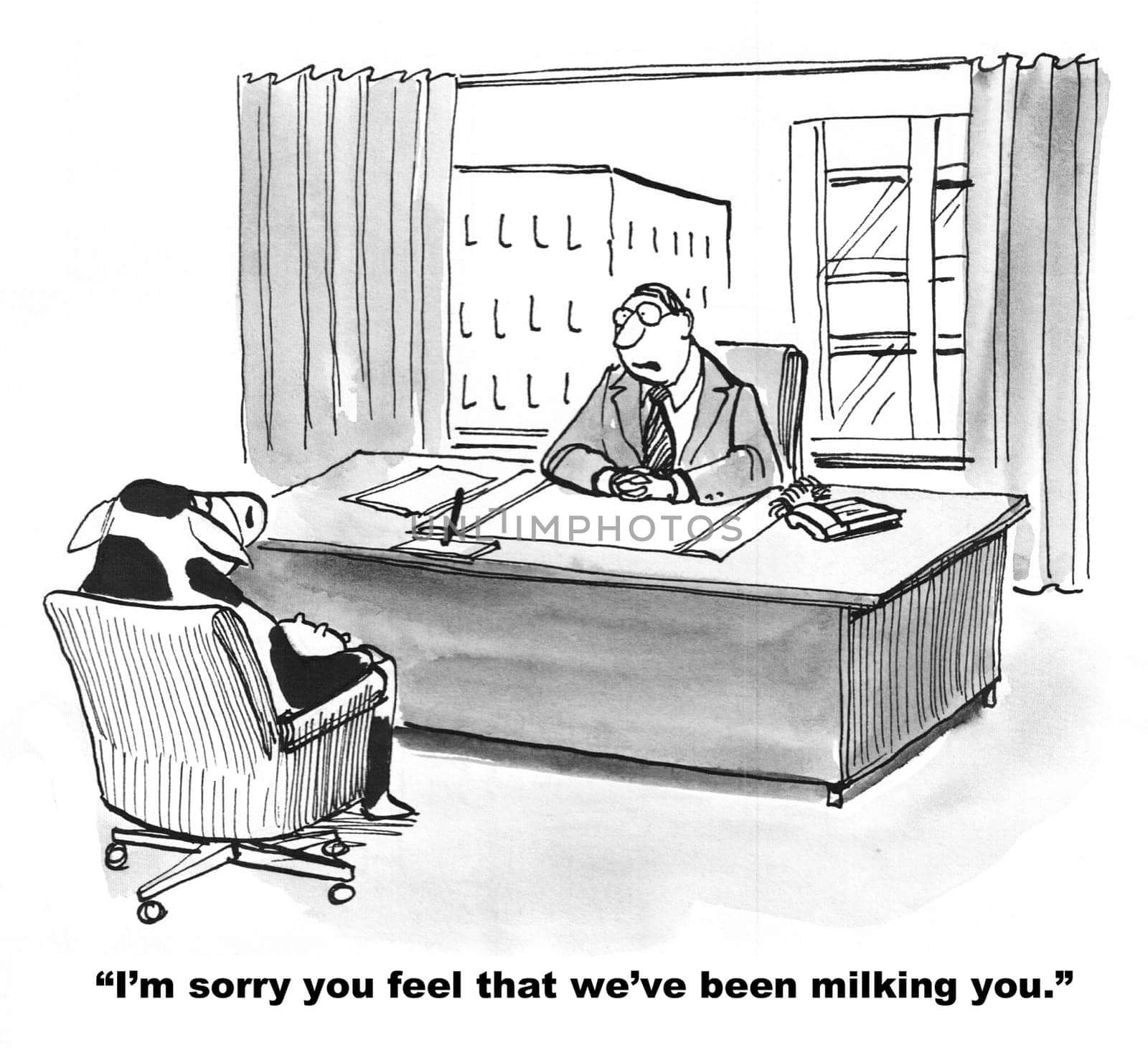 Business cartoon about corporate culture.  The business cow feels she is being taken advantage of.