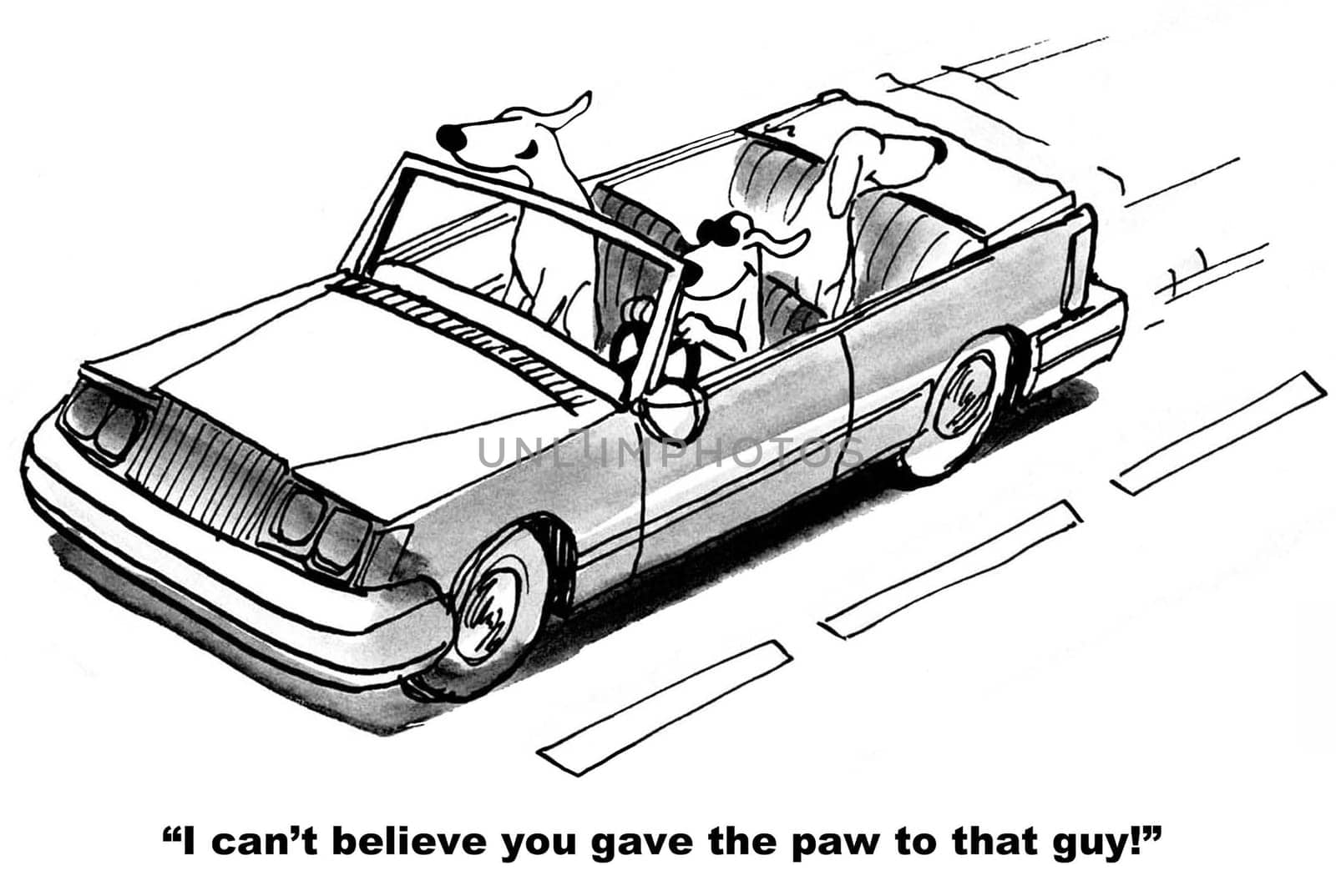 Dog cartoon.  The dogs are riding together in the car and one just gave the paw to another driver.