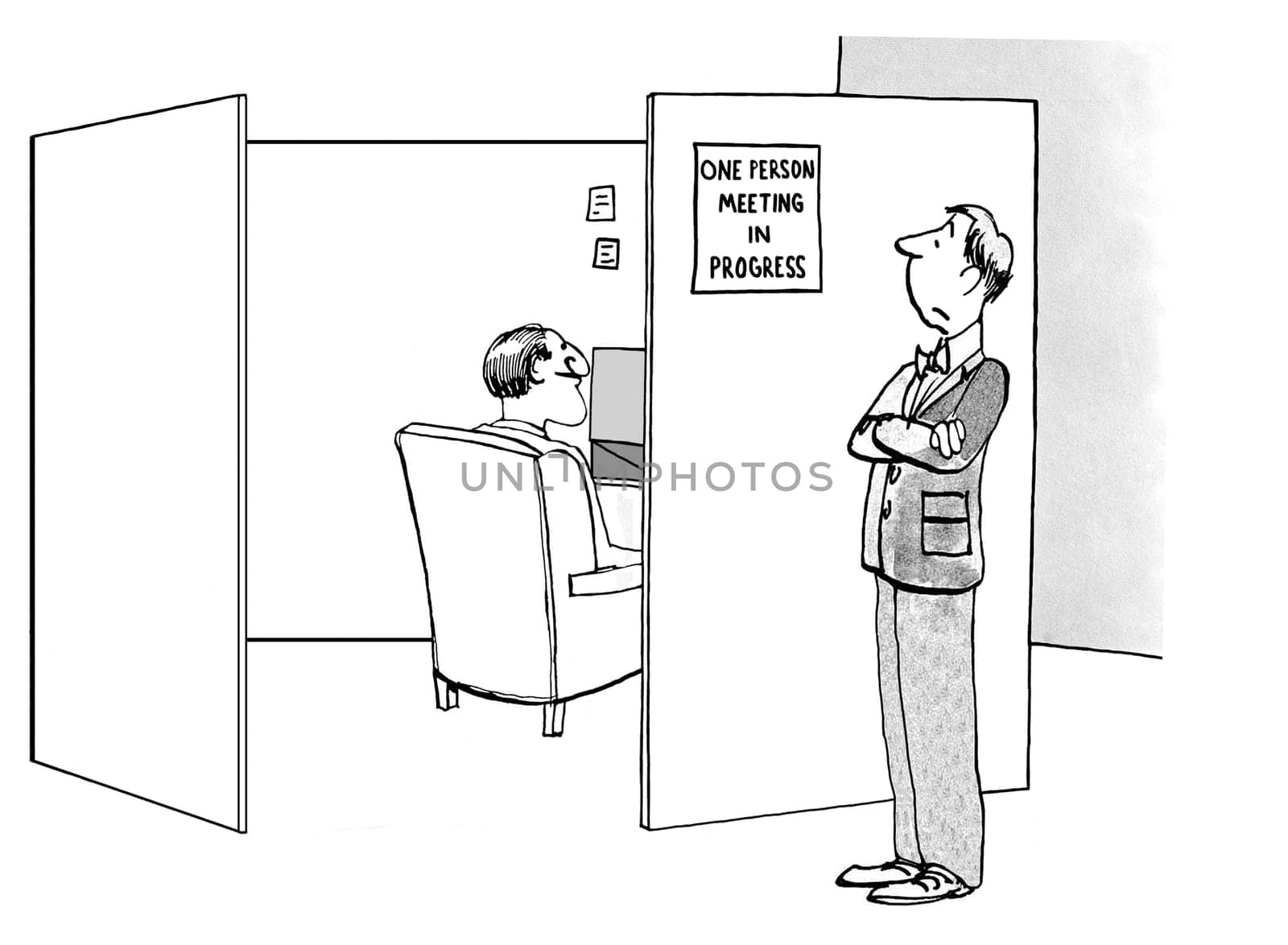 Business cartoon about workload.  The businessman put a 'meeting in progress' sign on his cube in order to get some work done.