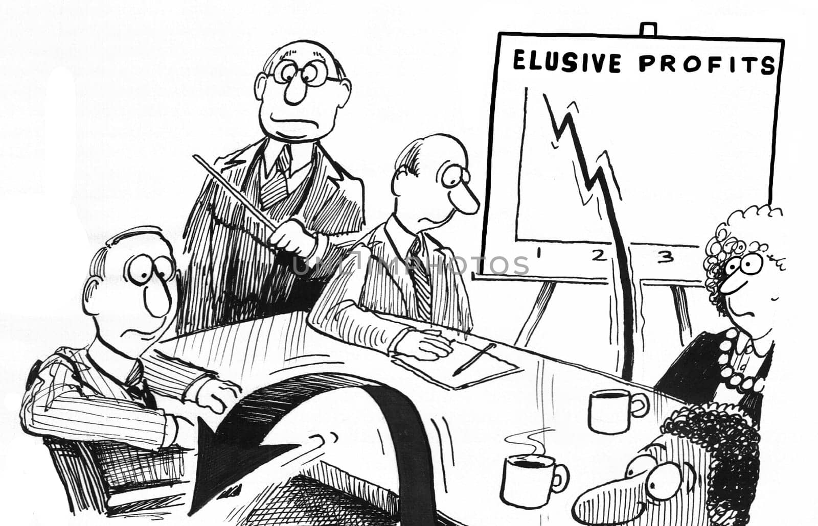 Business cartoon about finance.  The profits are falling so fast they have fallen off the bottom of the chart, they are elusive.