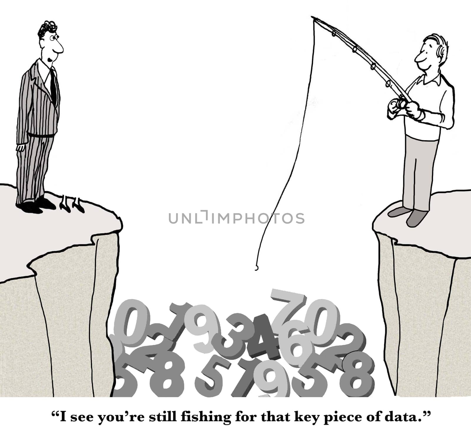 Business cartoon about big data.  The businessman is missing a key piece of data and is fishing for it.