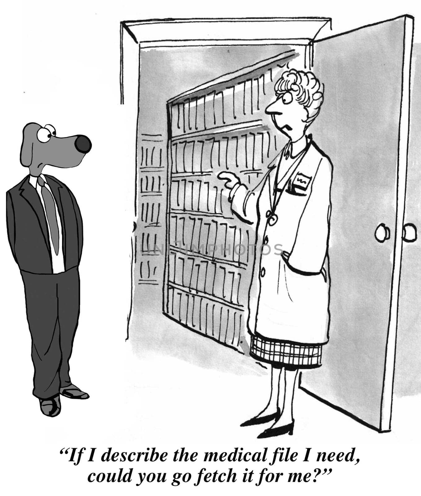 Medical cartoon.  The doctor asks the secretary dog to fetch a patient's file.