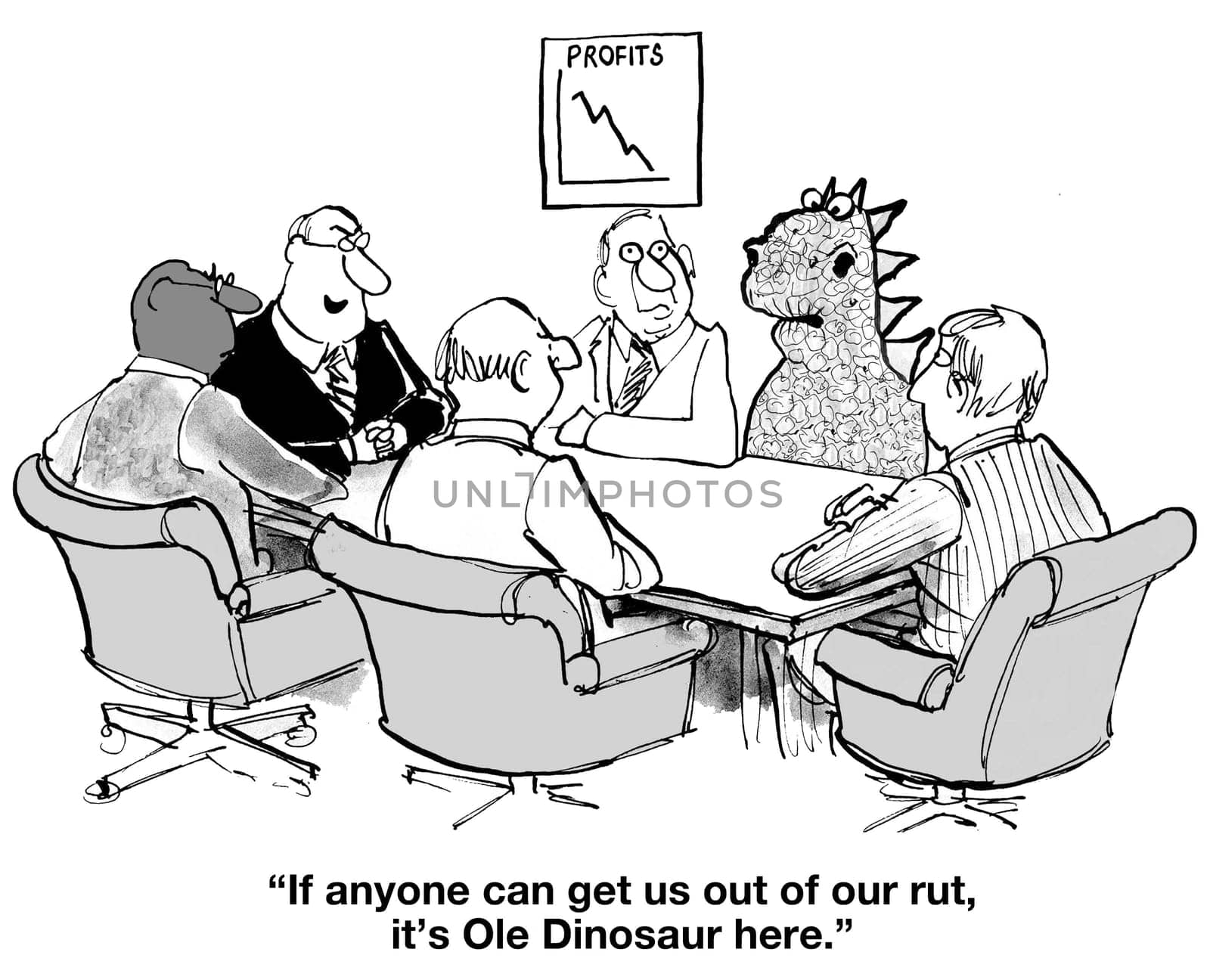 Business cartoon about change management.  The businessmen have brought in Ole Dinosaur to lead change.