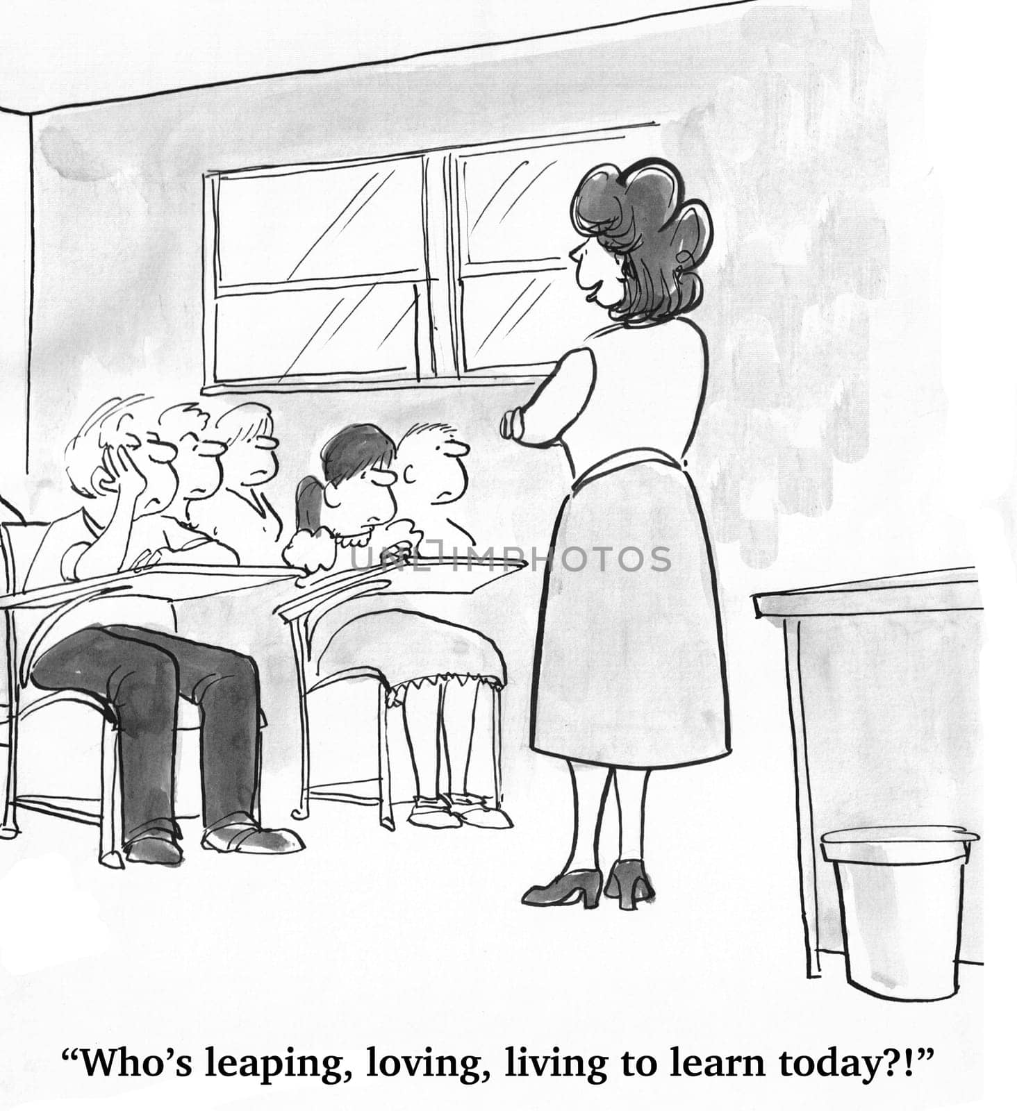 Education cartoon.  The students are disinterested in the class, they are not leaping, loving, living to learn.