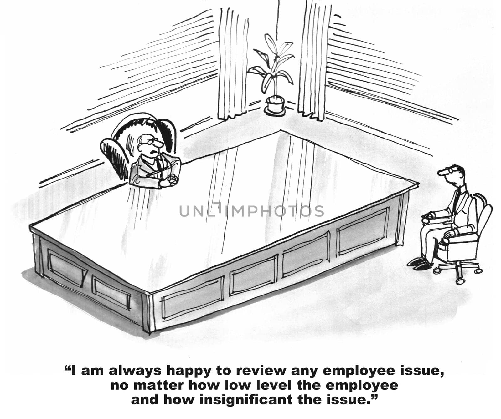 Business cartoon about corporate culture.  The business boss sits at a huge desk and is discourteous and intimidating to the employee.