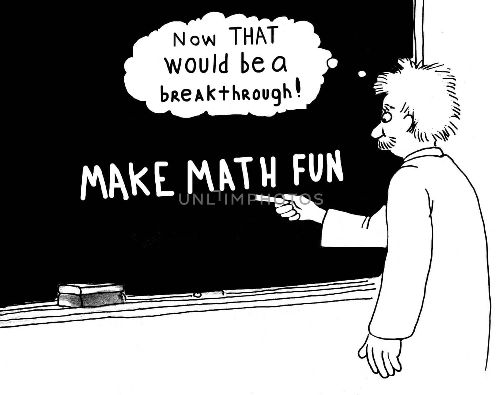 Education cartoon.  The teacher has a breakthrough: to make math fun.