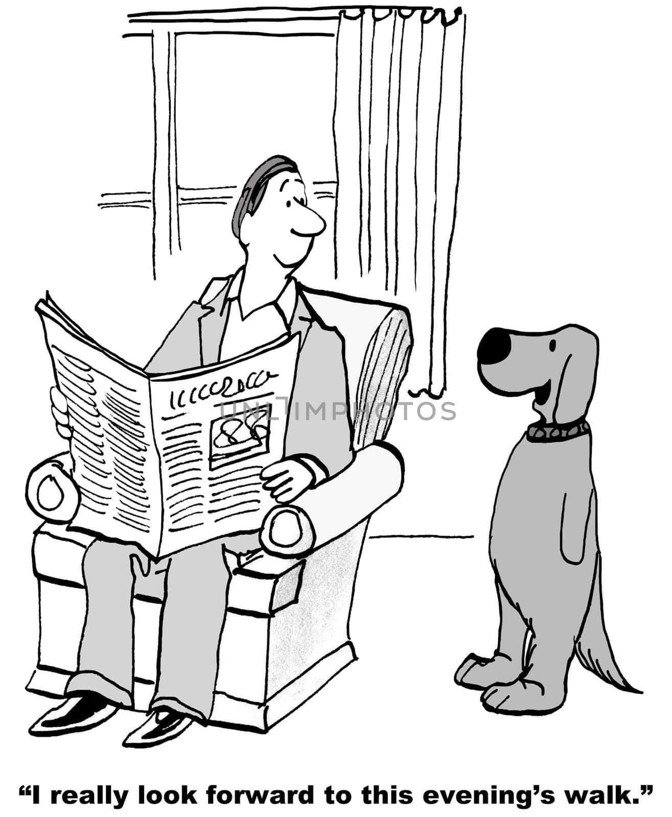 Dog cartoon.  The dog is looking forward to the evening walk with his owner.