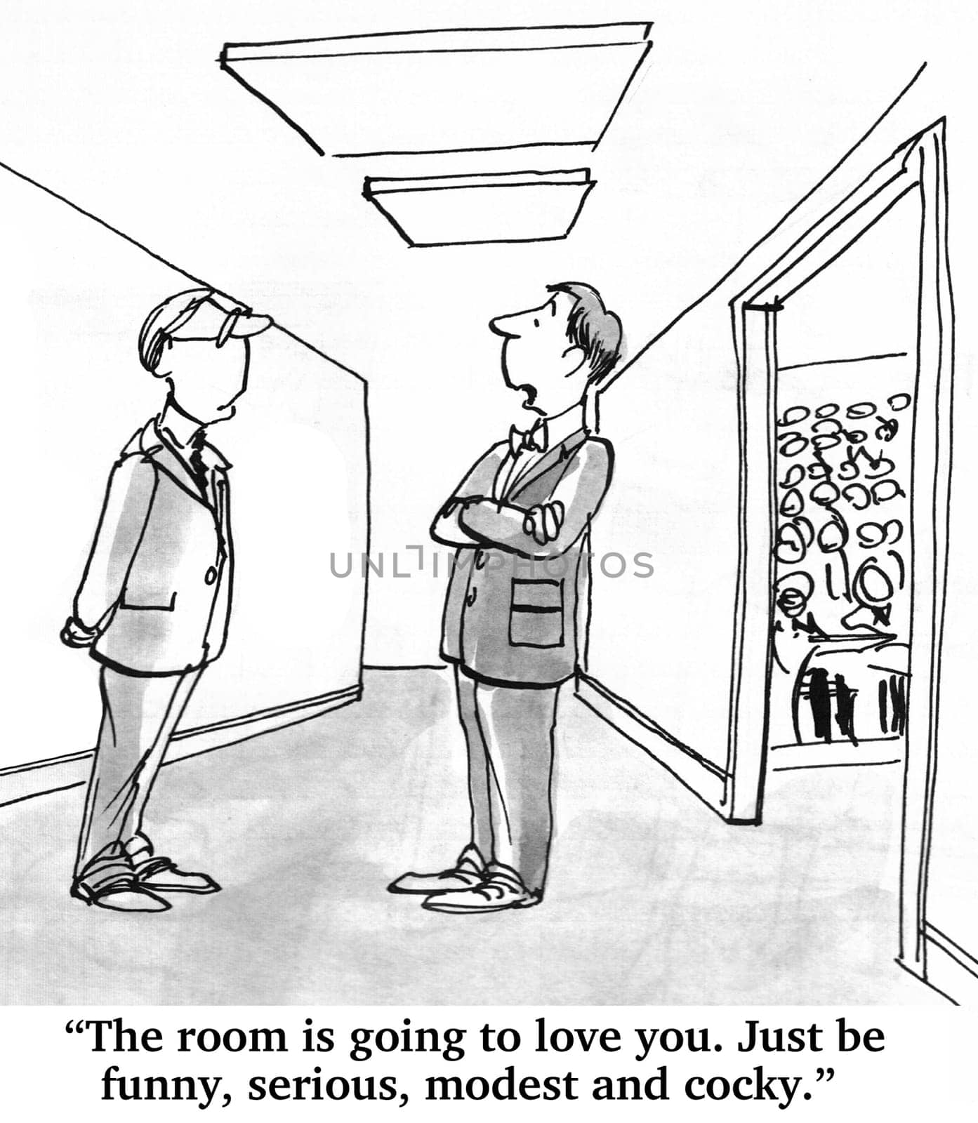 Business cartoon about speaking.  The speaker has been asked to be everything to everyone - funny, cocky, modest, serious.