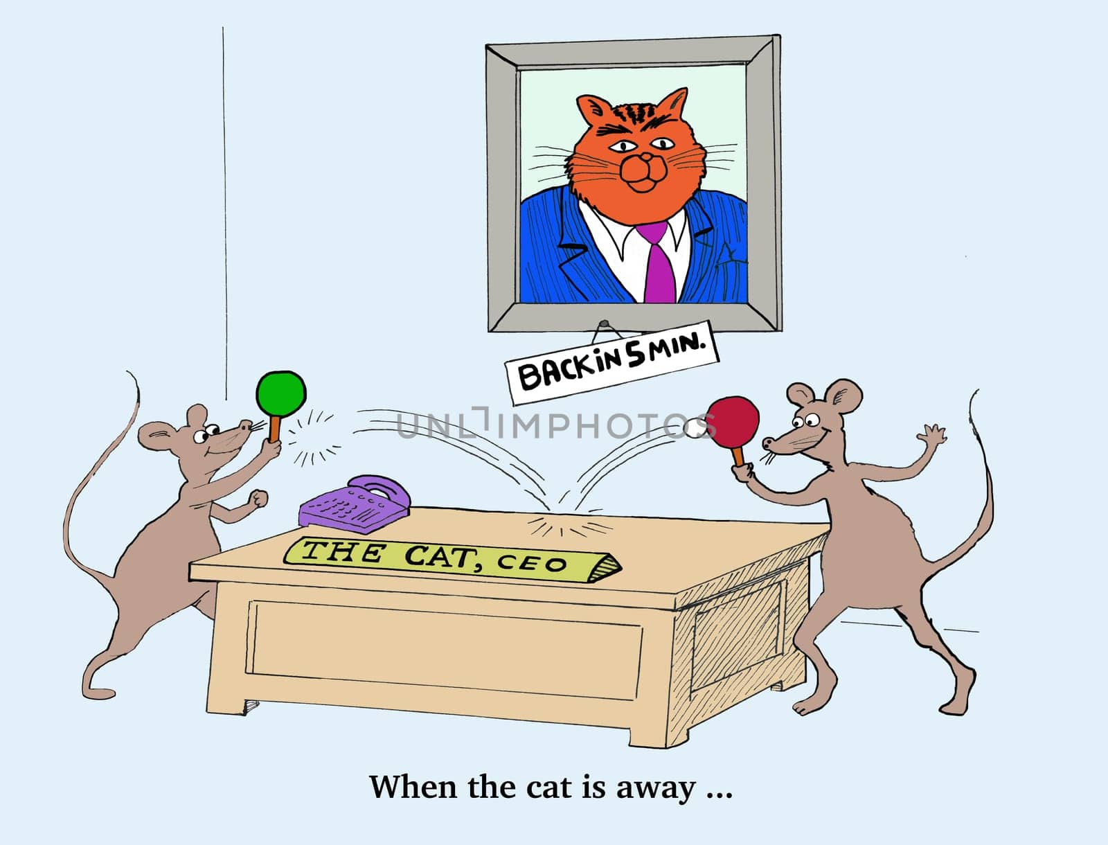 Business cartoon about corporate culture.  When the cat is away, the mice will play.