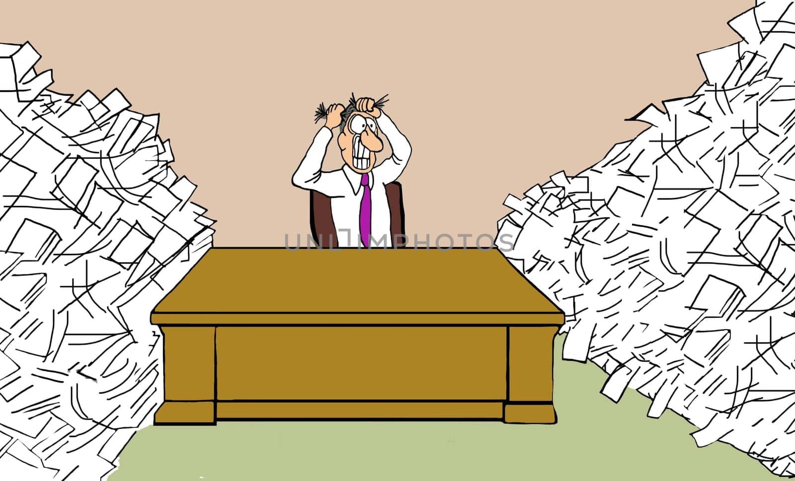 Business cartoon about being busy.  The businessman has huge stacks of paperwork he is behind on surrounding his desk.