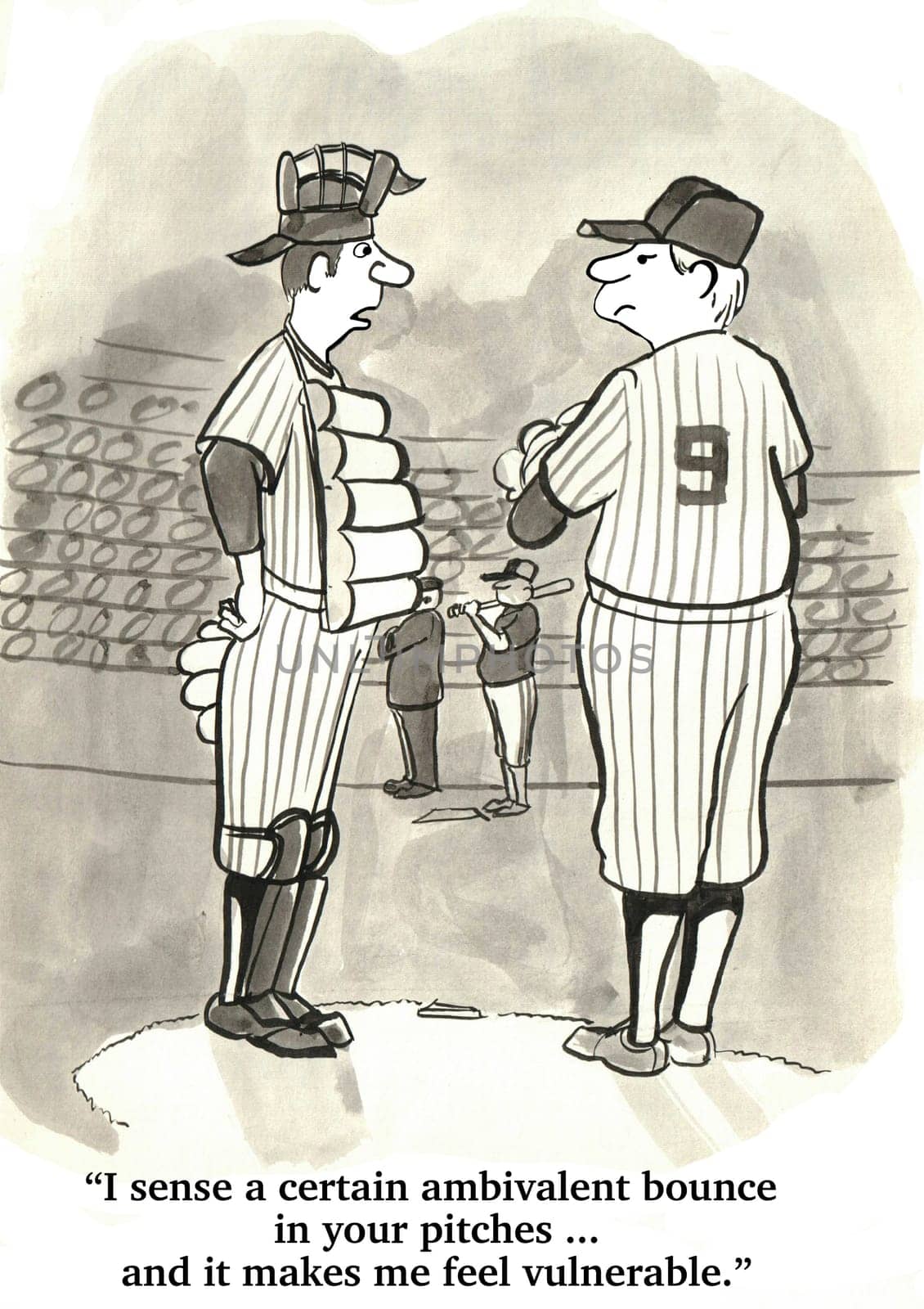 Sports cartoon.  The baseball catcher is giving the pitcher a pep talk during the game.