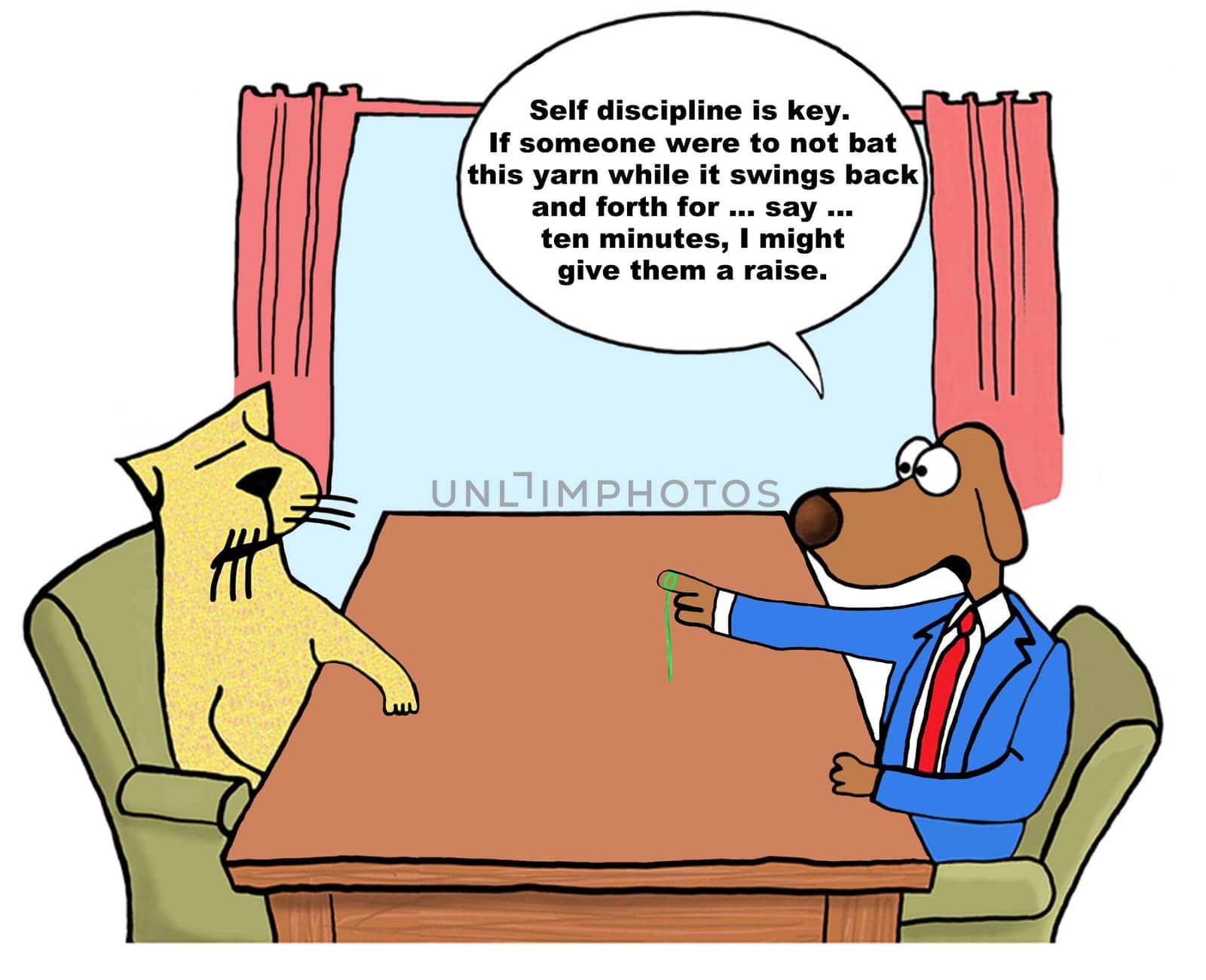 Business cartoon about performance review.  The boss dog is tormenting the cat before he gives the cat a raise.