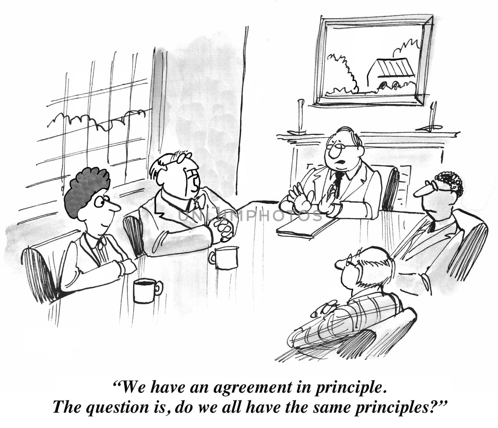 Cartoon of businesspeople who have an agreement in principle, but do they all have the same principles?