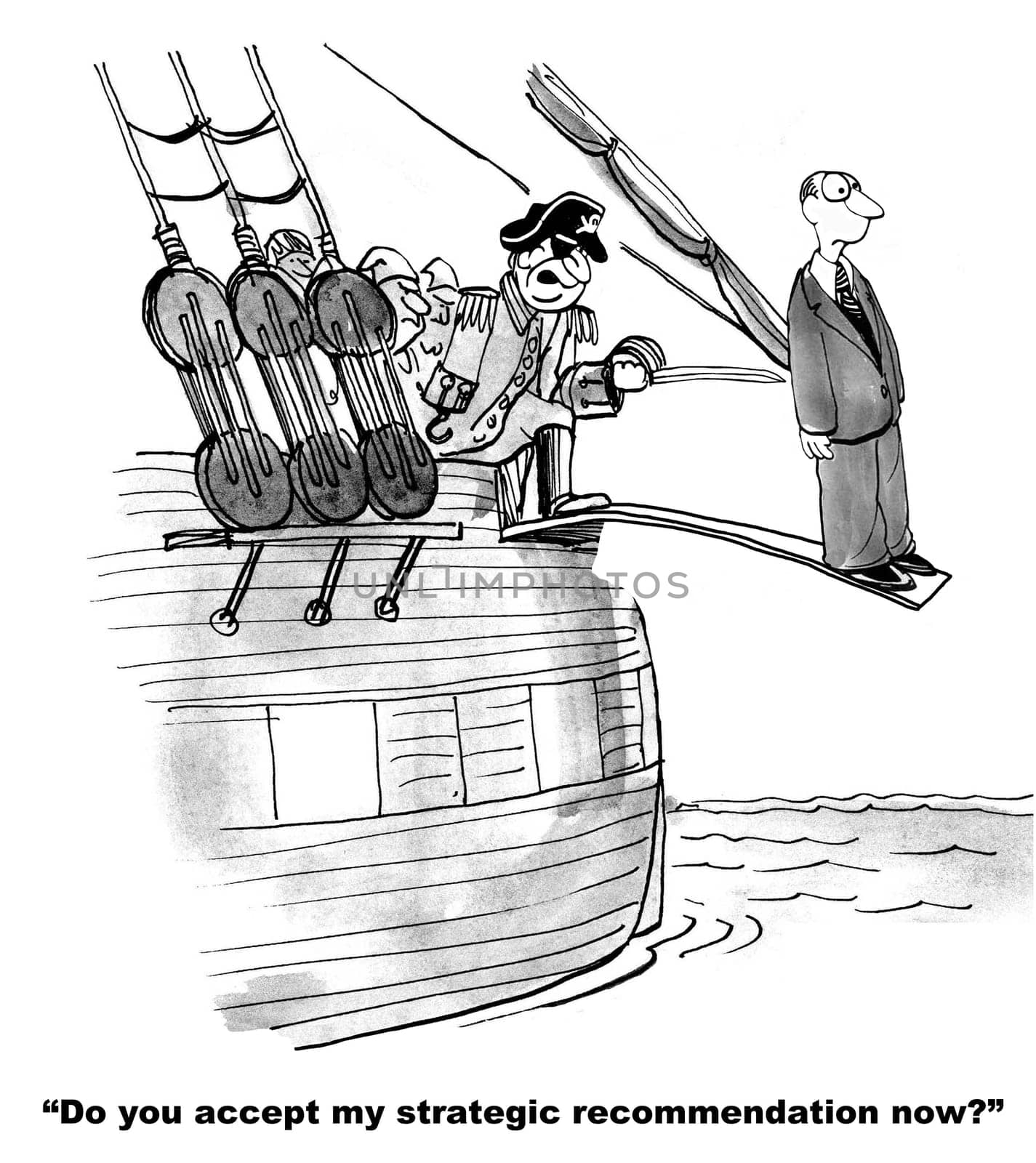 Business cartoon about conflict management.  The pirate makes the businessman walk the plank to persuade him to agree with the pirate's recommendation.
