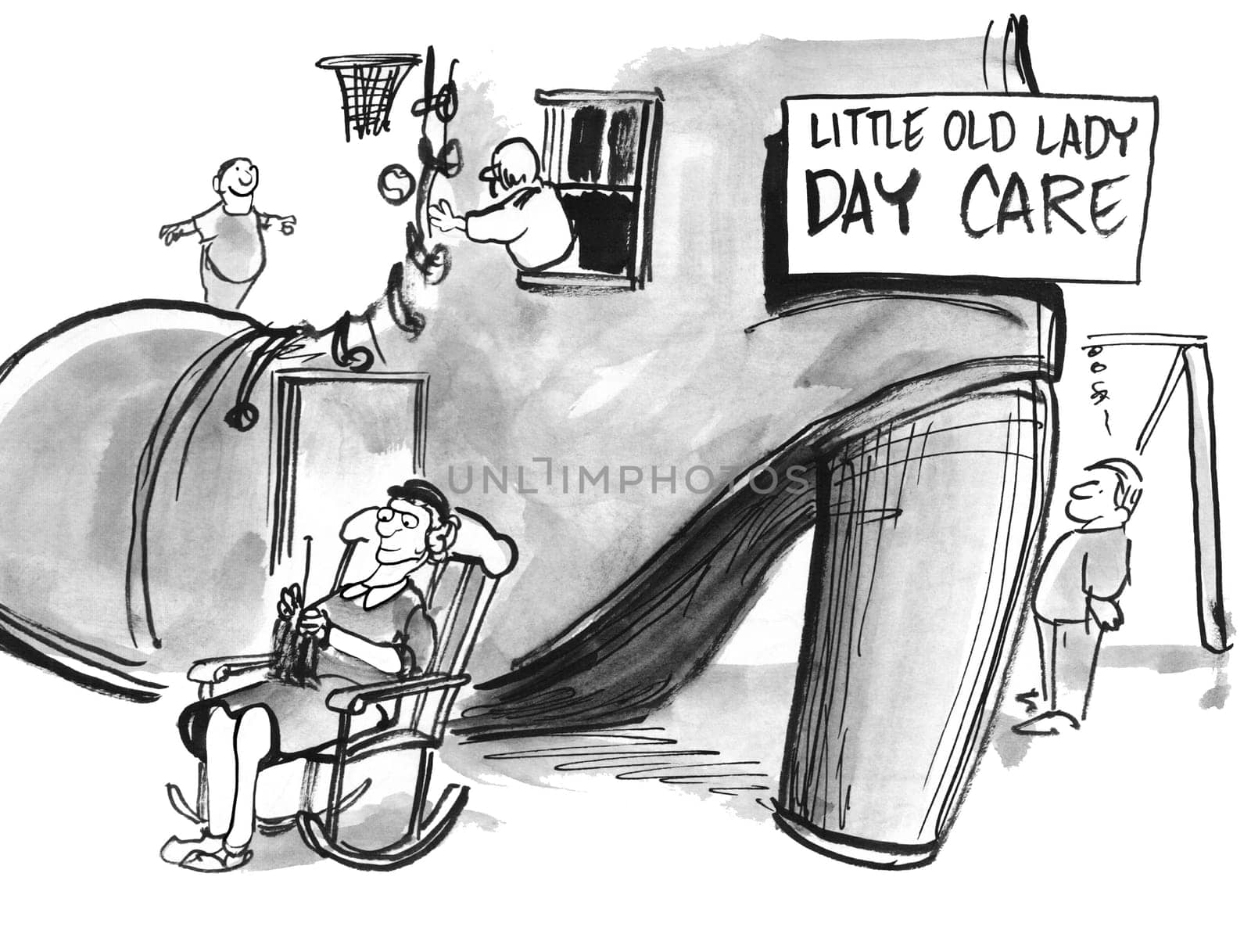 Education cartoon.  The children enjoy the Little Old Lady Day Care which occurs in her shoe.