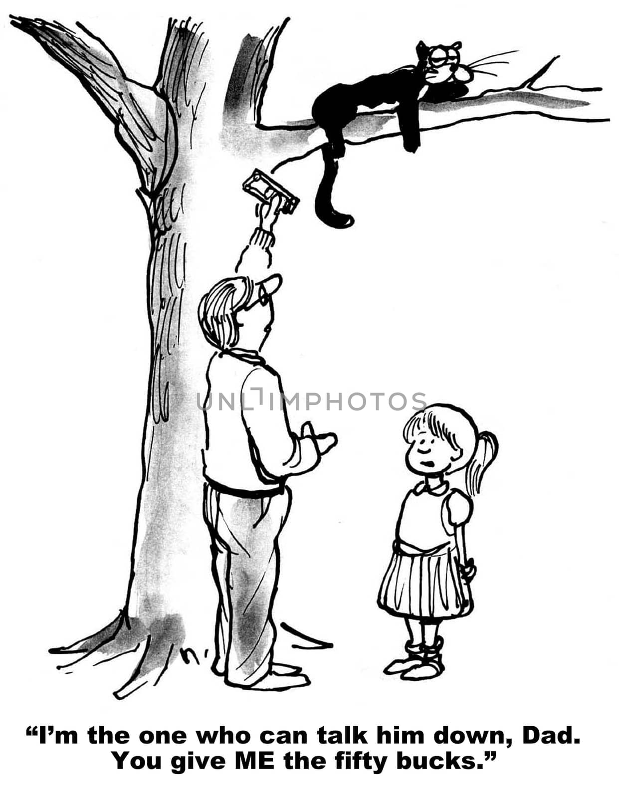 Cat cartoon.  The cat is stuck in the tree and the girl is going to rescue him.