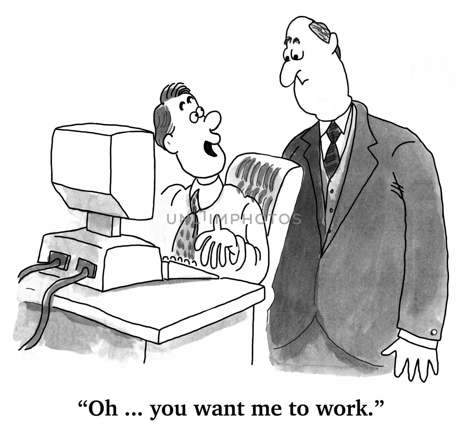 Business cartoon about corporate culture.  The business worker is neglecting his work and has been caught by his boss.