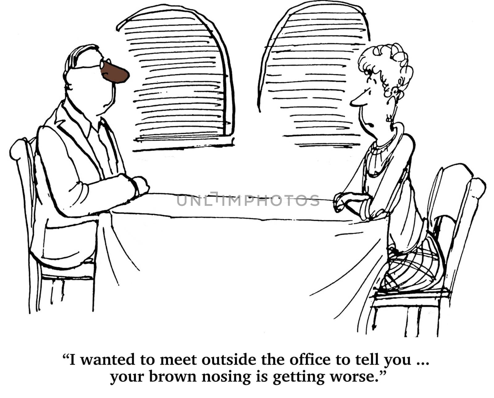 Business cartoon about corporate culture.  The businessman is brown nosing his boss and his coworker is giving him advice to stop.
