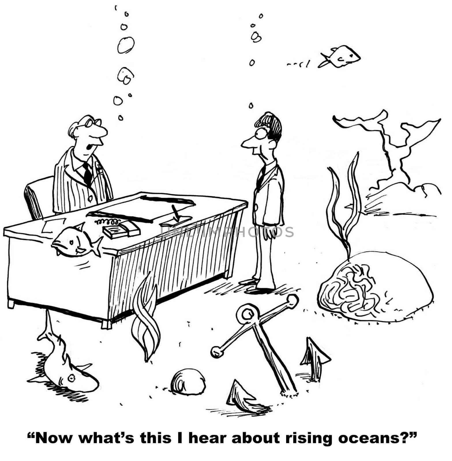 Climate change cartoon.  The business is now operating under water because of rising sea levels due to climate change.