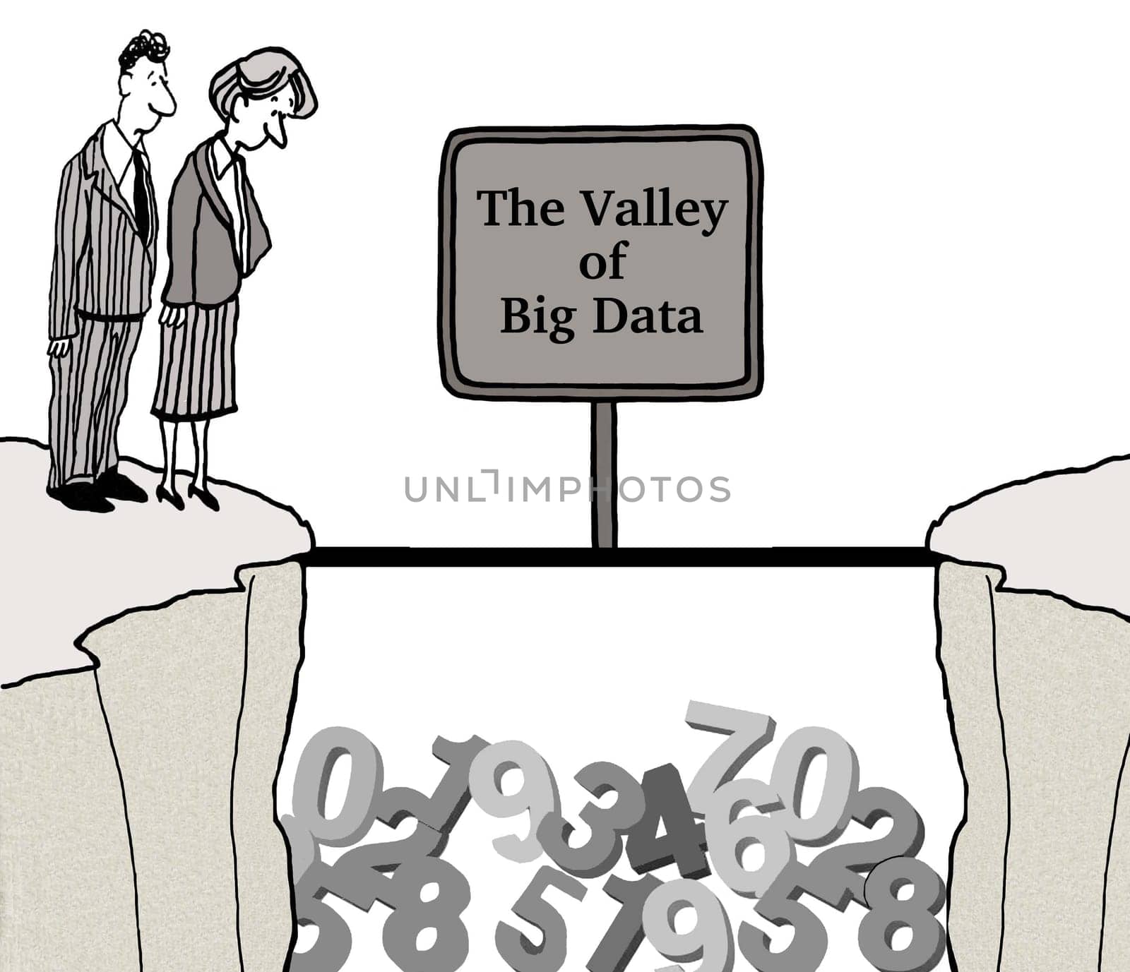 Business cartoon about big data.  The businesspeople are looking down into a valley that contains an overwhelming amount of big data.