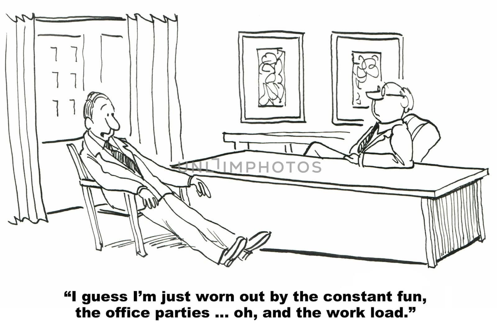 Business cartoon about corporate culture.  Two coworkers are talking about the fun culture at their company.