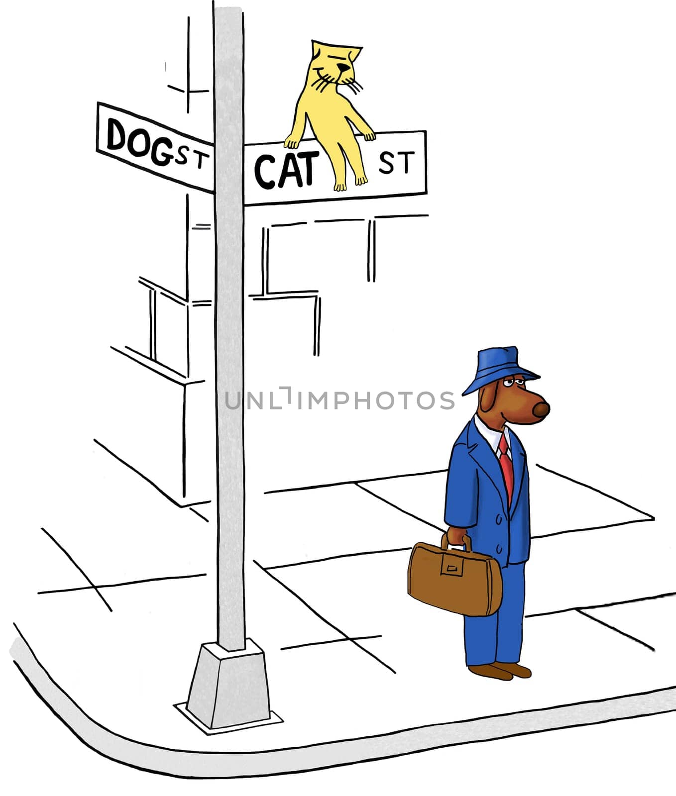 Business cartoon about conflict resolution.  The business dog has encroached onto Cat Street.