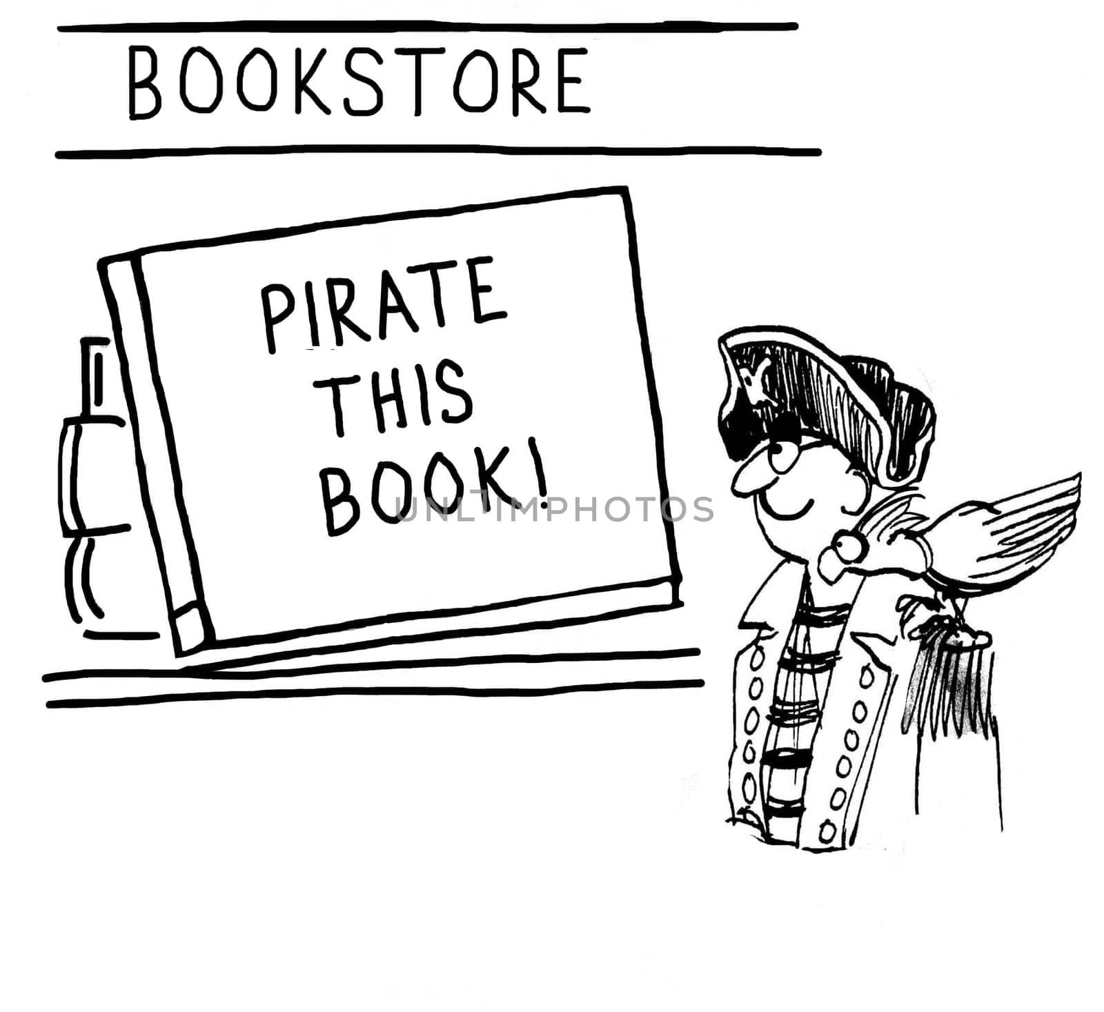 The pirate is excited to see an inducement to 'pirate this book'.