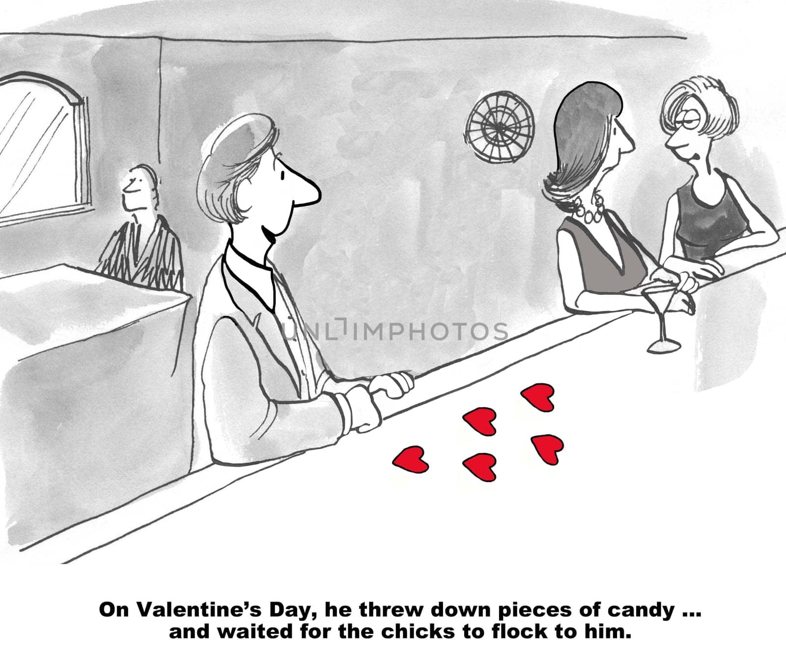 Valentine's Day cartoon.  The lonely man has placed red candy on the bar in hopes of gaining a woman's attention.