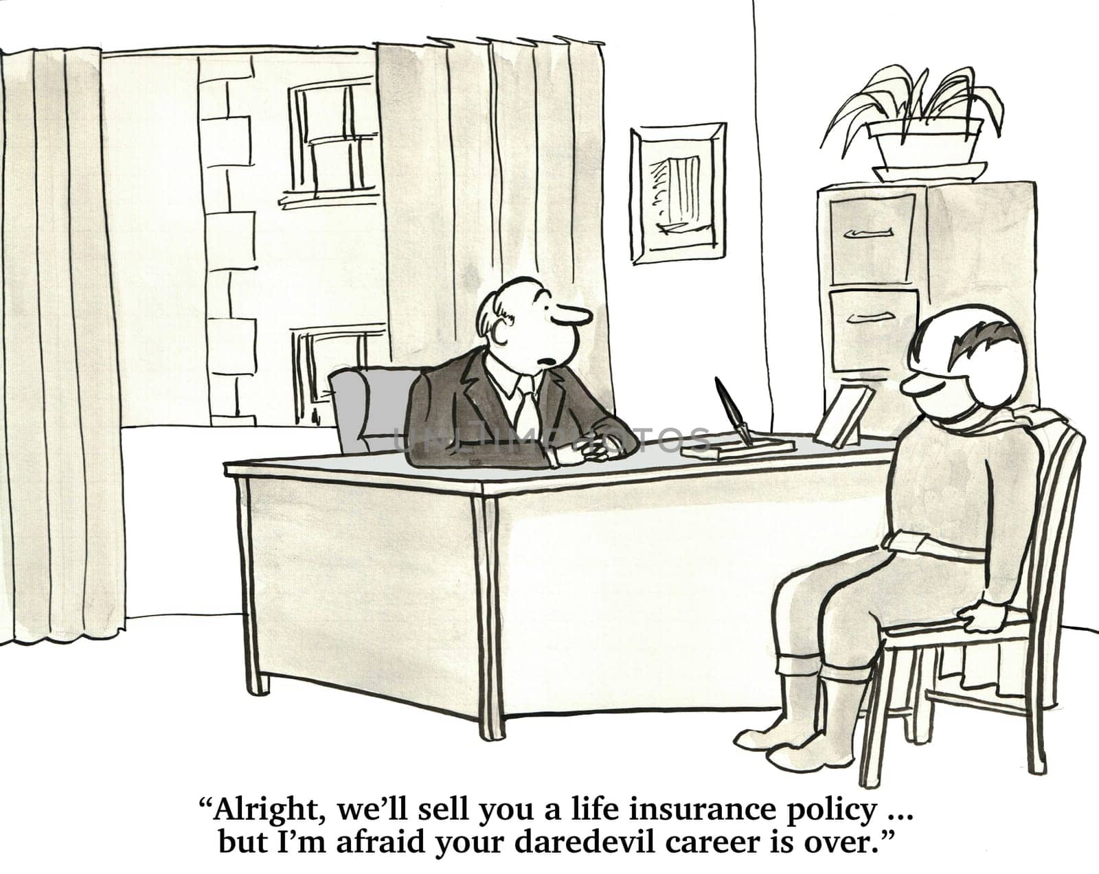 Life insurance cartoon.  The daredevil must change his behavior to get life insurance.