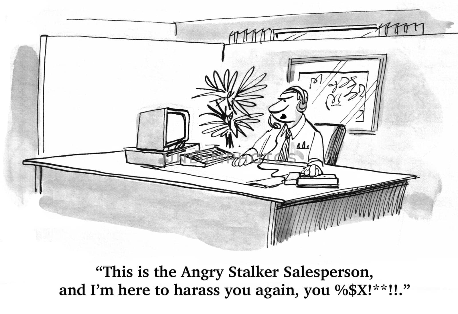Business cartoon about sales.  The angry salesman is calling another customer to try to sell them something over the phone.